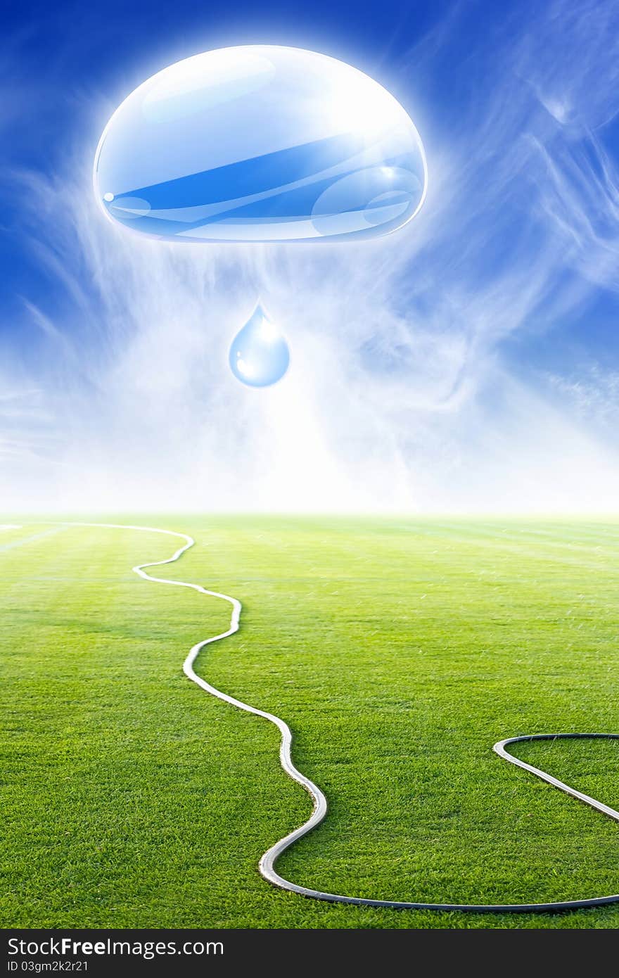 Green field with rubber hose for watering, illustration of water drops in blue sky. Green field with rubber hose for watering, illustration of water drops in blue sky