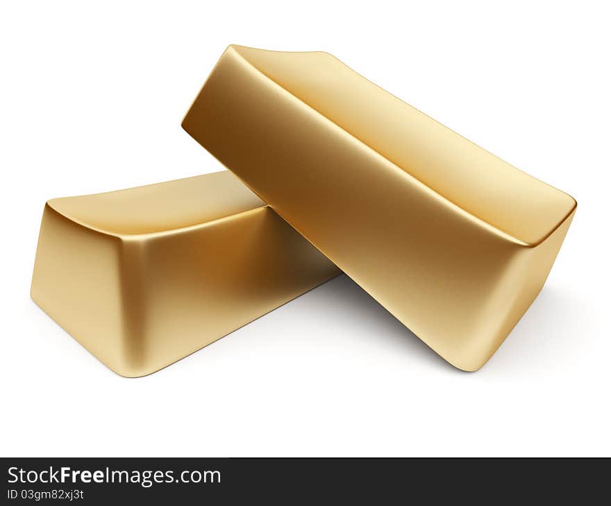 Two Gold Ingots 3d, Isolated On White Background