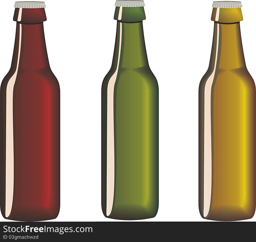 Bottles for beer and other beverages in three colors. Bottles for beer and other beverages in three colors