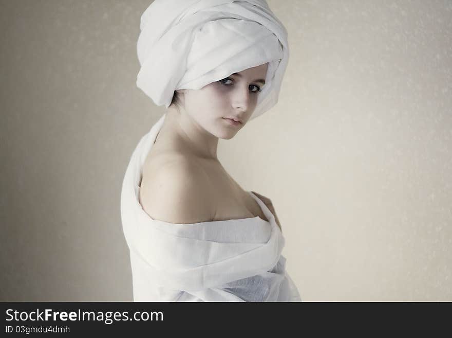 Portait of young woman wearing turban