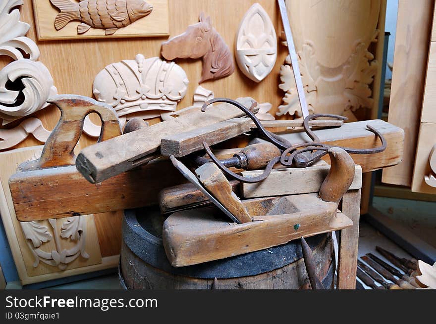 Woodworking tools with the wooden ornaments