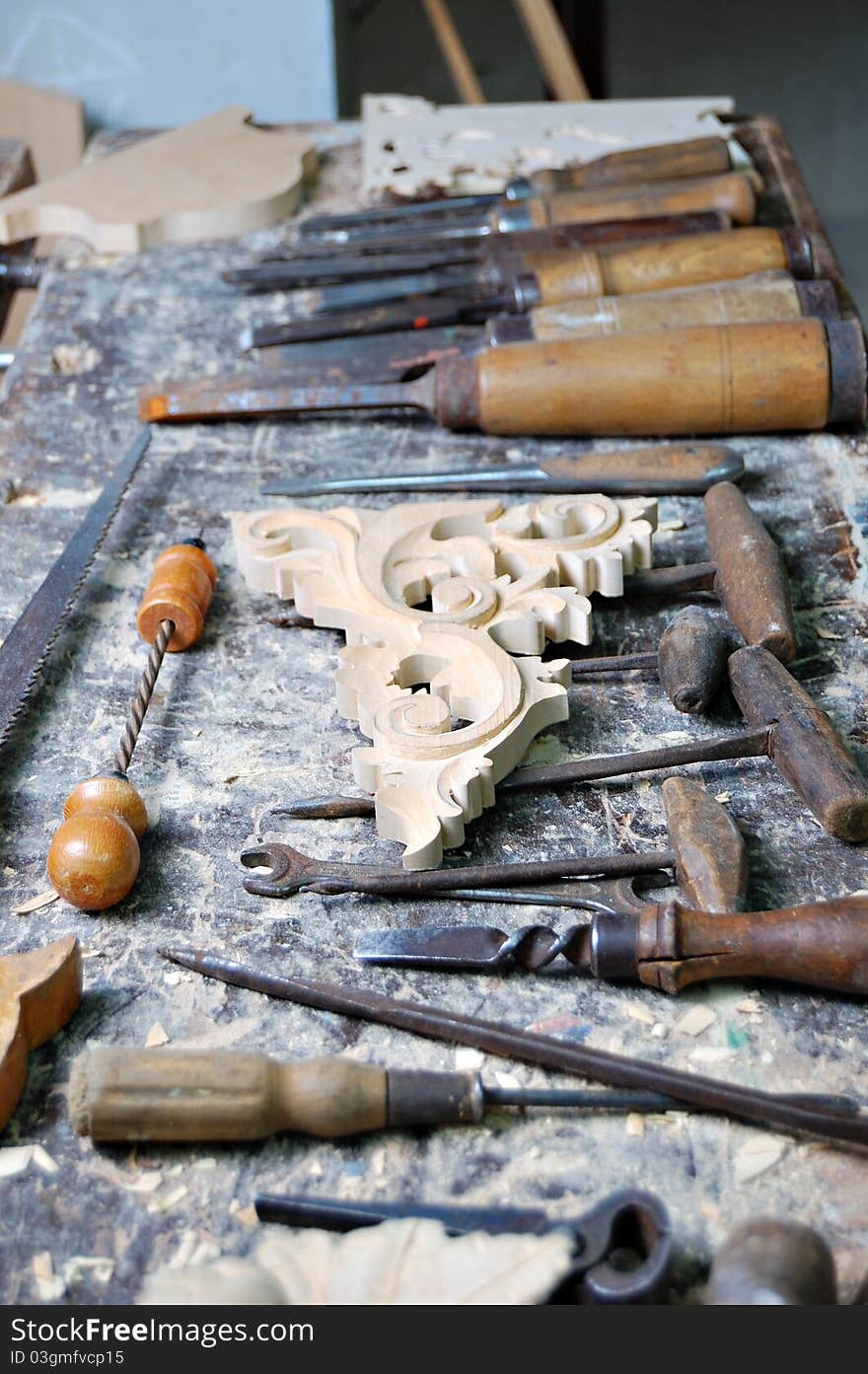 Woodworking tools with the wooden ornaments