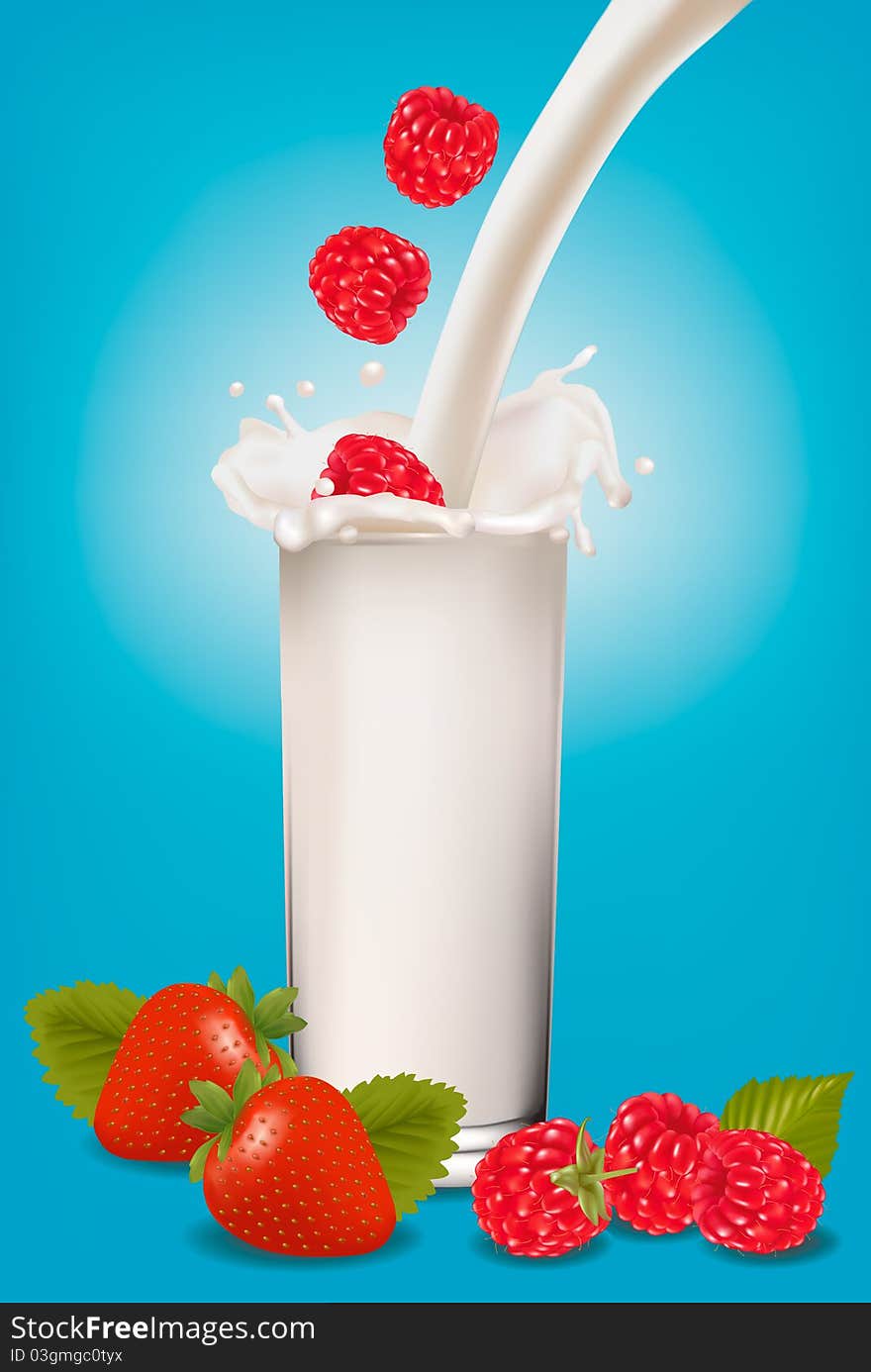 Raspberry and strawberry falling into the milk splash. Vector illustration.