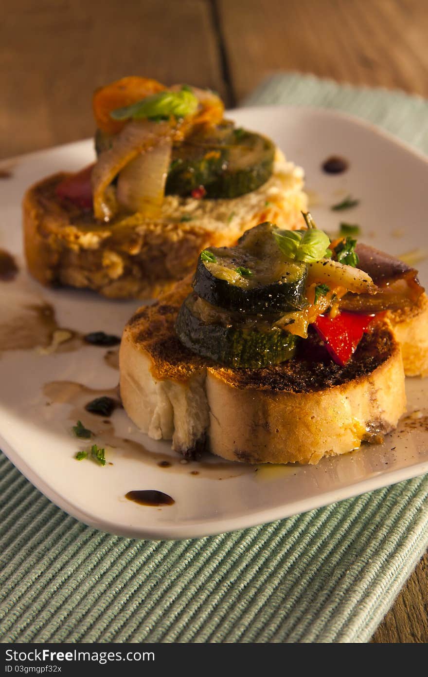 Mediterranean vegetable and bread snack.