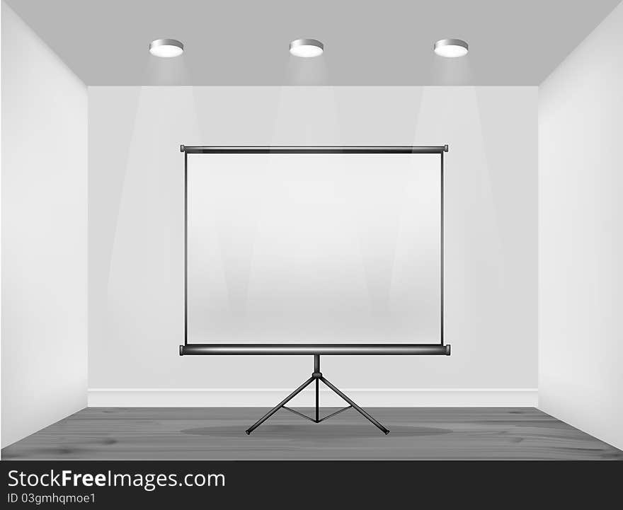 Empty frame on wall with spot lights and wood background. Vector illustration.