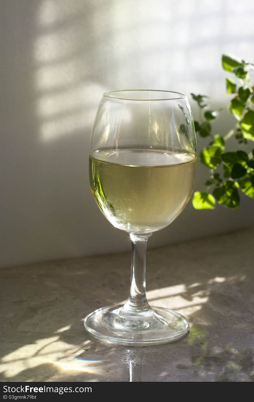 The glass of white wine. Soft light.