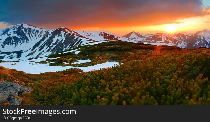 Colorful spring evening in the mountains