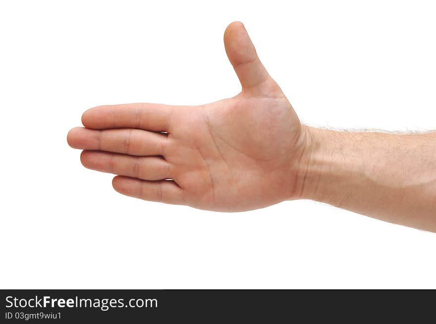 An open male hand, isolated on a white background.