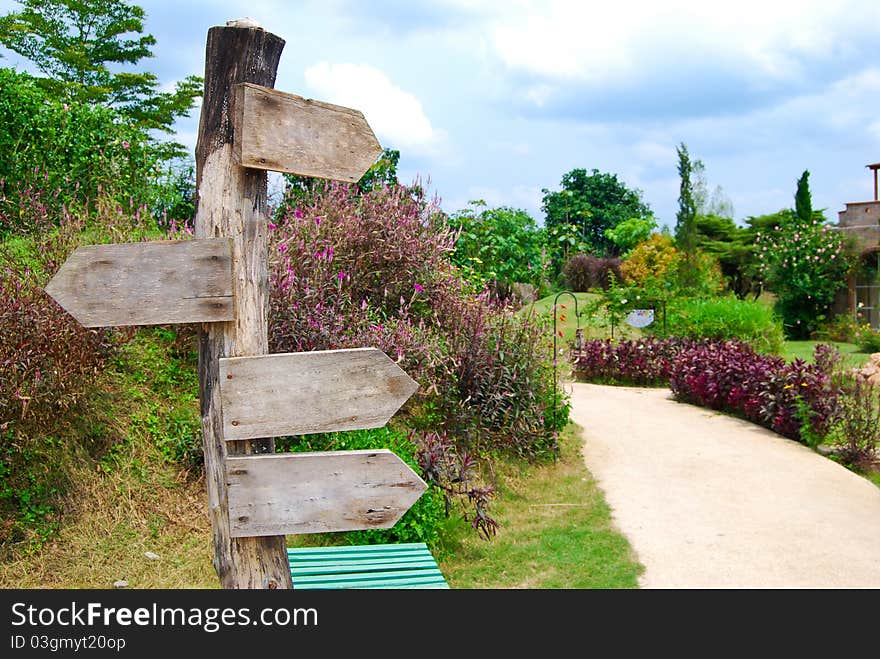 Wooden signboard in the garden background