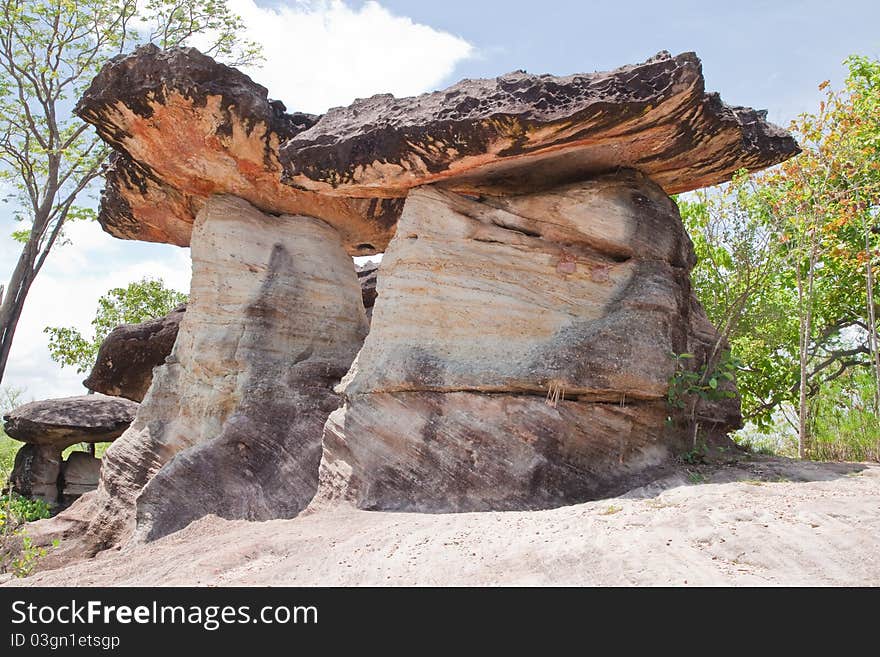 Mushroom stone and blue sky,The Natural Stone as Mushrooms in Pha Taem National Park,Ubonratchathanee Province,Thailand