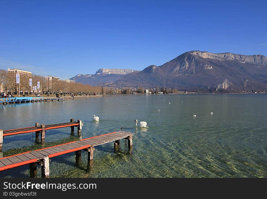 Lake Annecy and birds and sky blue