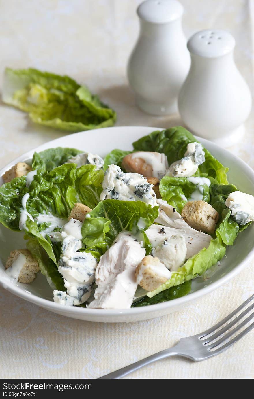 Chicken and blue cheese salad with croutons in a bowl. Chicken and blue cheese salad with croutons in a bowl