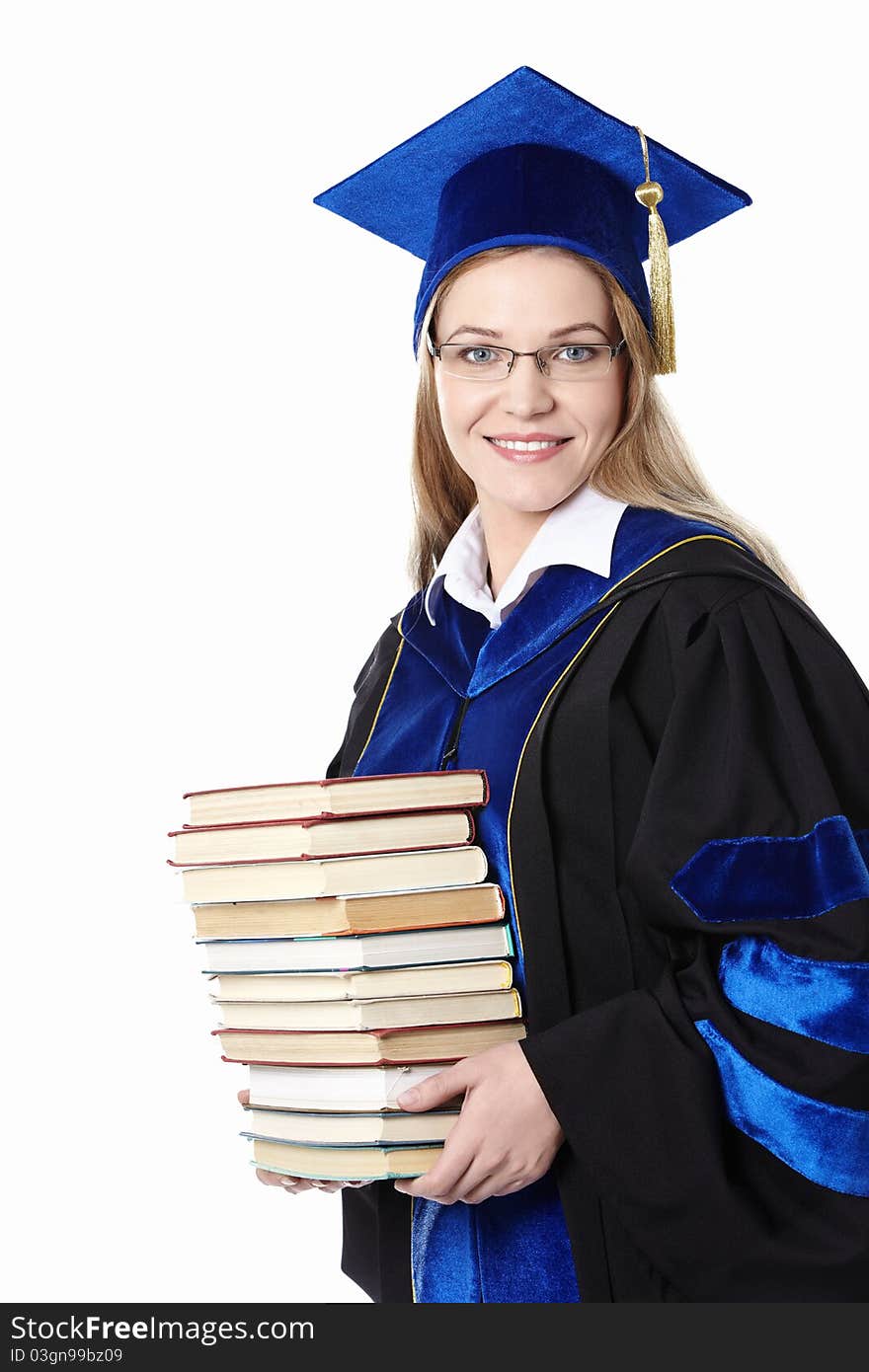 Young girl with books on white background. Young girl with books on white background