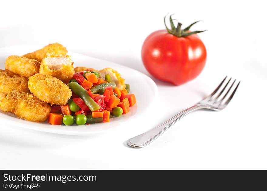 Chicken with side-dish, isolated on white background