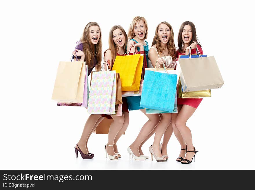 Screaming girls in dresses with shopping. Screaming girls in dresses with shopping