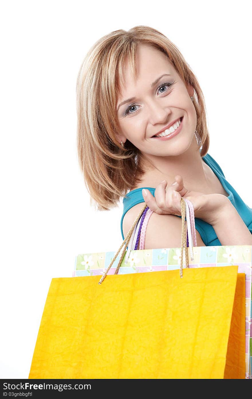 Girl with a package on a white background. Girl with a package on a white background