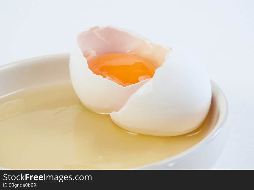 Broken chicken egg and shell with yolk on a saucer. Broken chicken egg and shell with yolk on a saucer