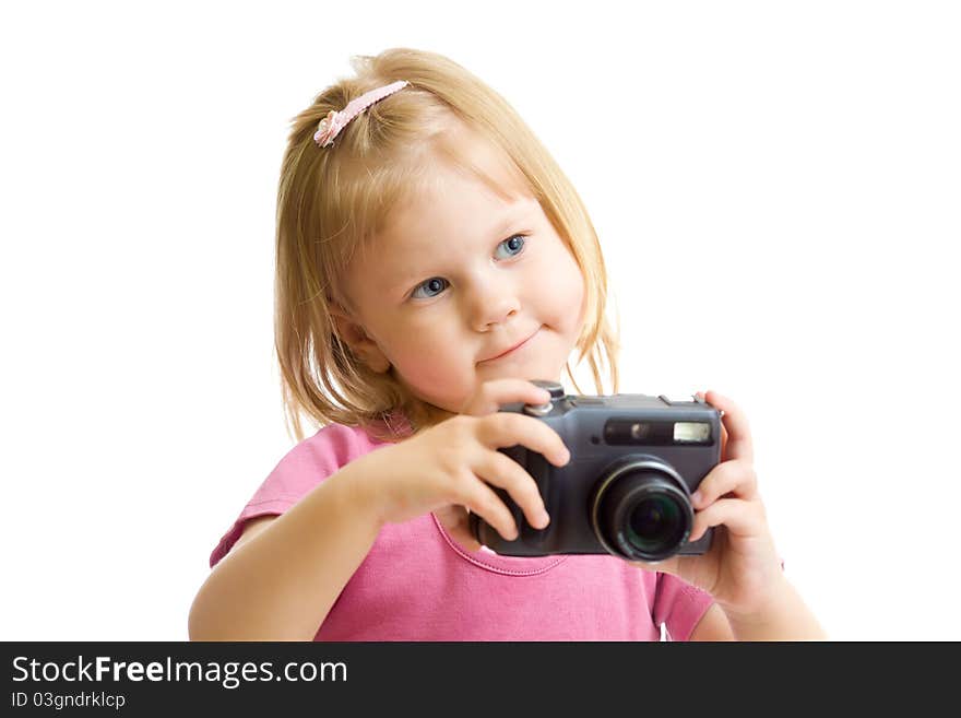 Little girl with digital camera isolated