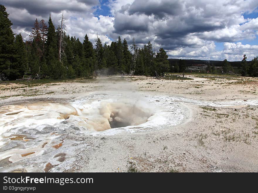 The Old Faithful scenic area, storm coming, South Yellowstone National Park.