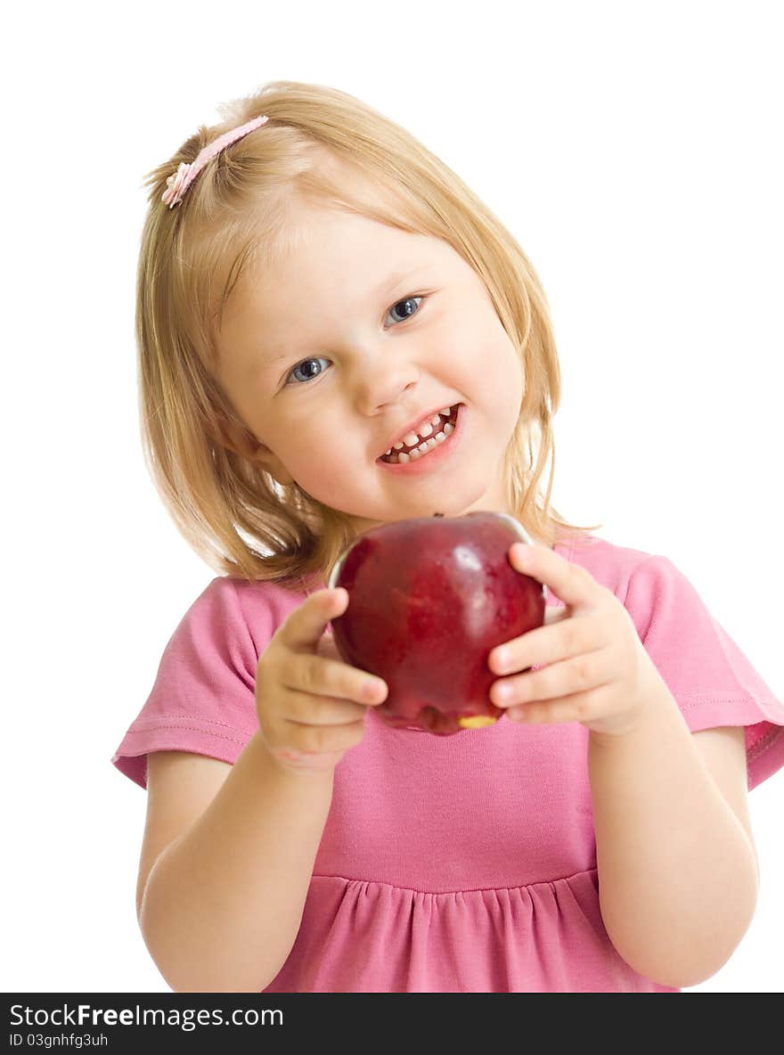 Little girl portrait eating red apple isolated