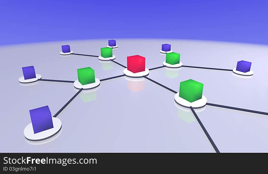 Network of coloured cubes stretching towards the horizon from a central red cube.  Global network, connections.