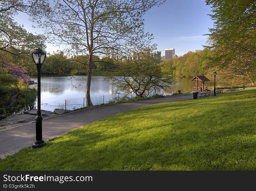 Central Park, New York City spring by the lake in the early morning. Central Park, New York City spring by the lake in the early morning