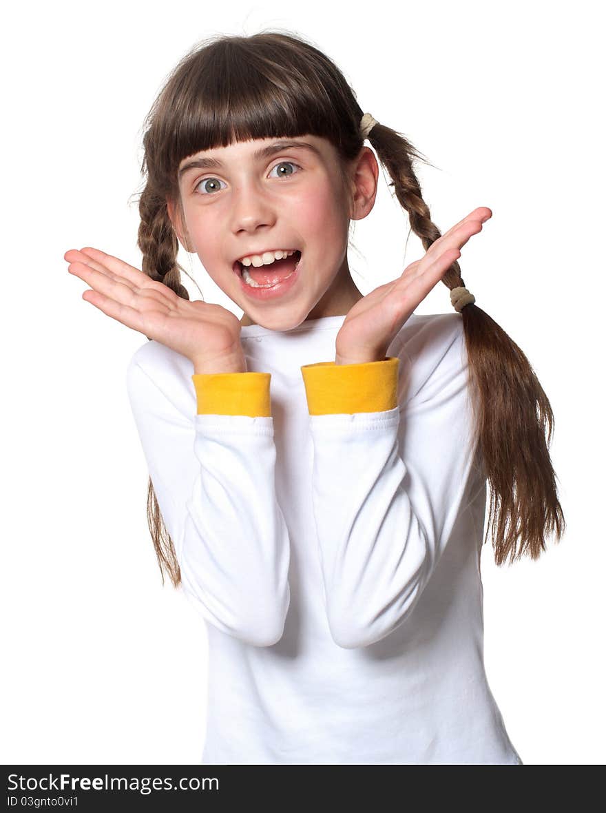 Bright picture of happy smiling girl on white background. Bright picture of happy smiling girl on white background