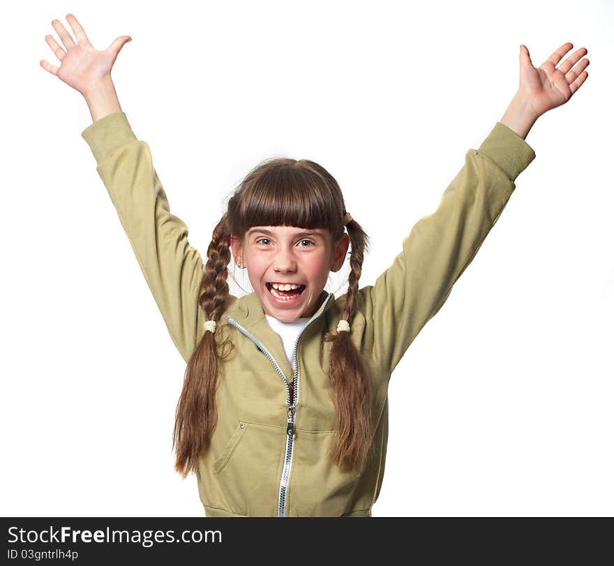 Bright picture of happy smiling girl on white background. Bright picture of happy smiling girl on white background