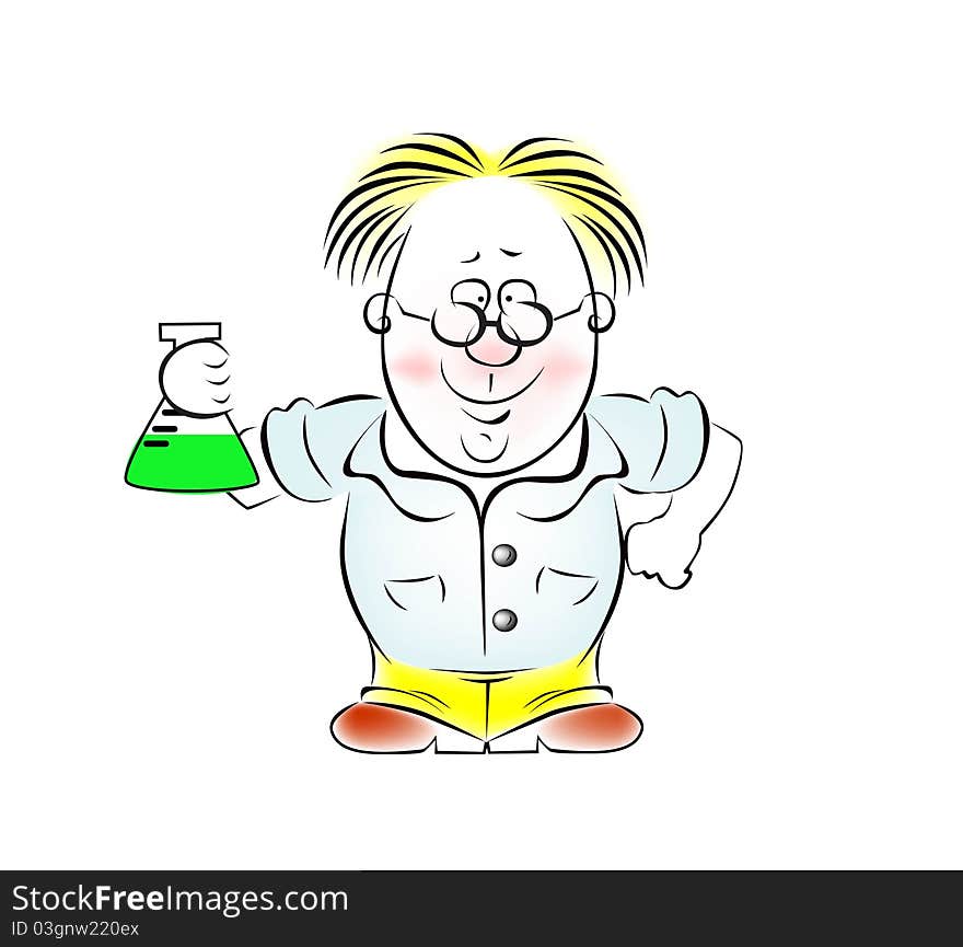 Image of the scientist - a chemist in the glasses with bulb. Image of the scientist - a chemist in the glasses with bulb