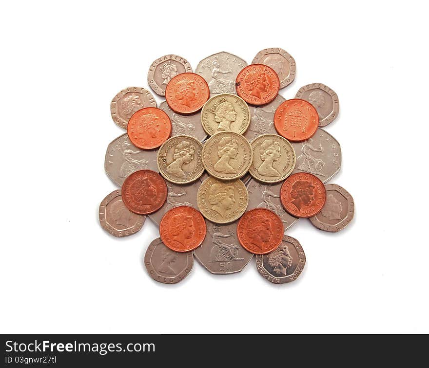 British, UK, coins on a plain white background.