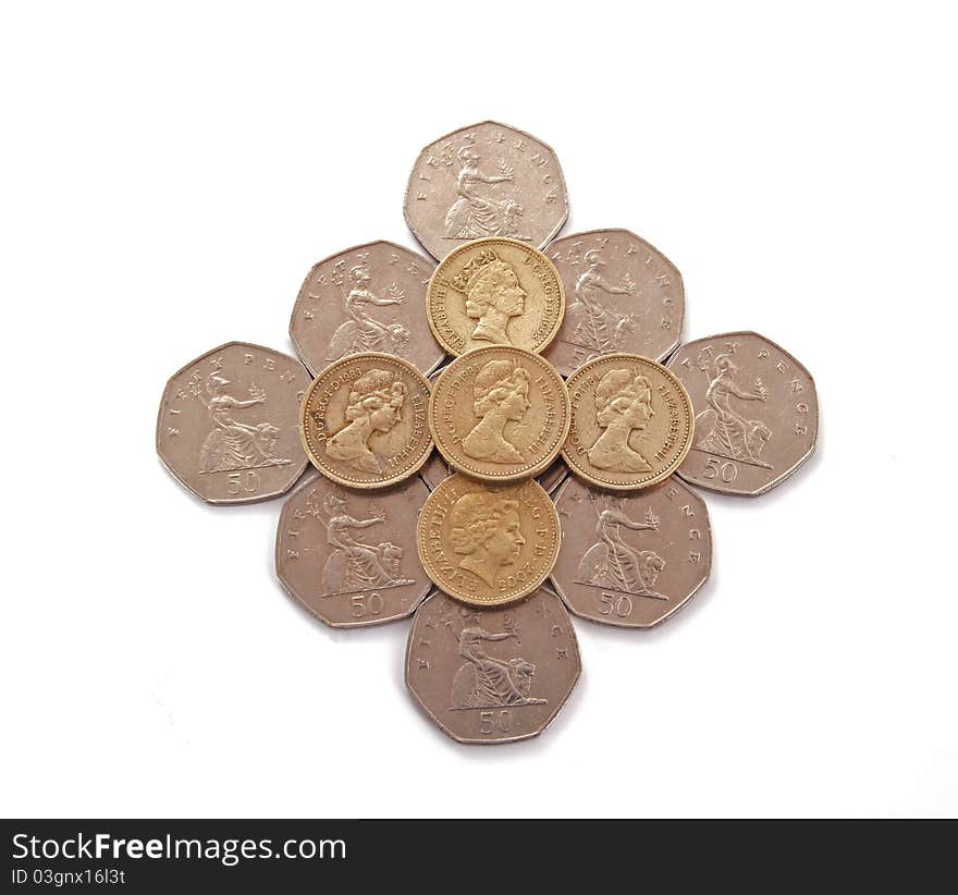 British, UK, coins on a plain white background.