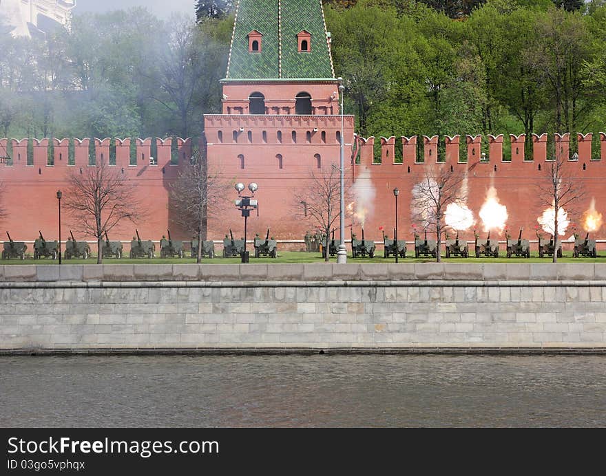Volley of the artillery battery, during execution of a hymn of Russia on Parade of the Victory, on May, 09th, 2011