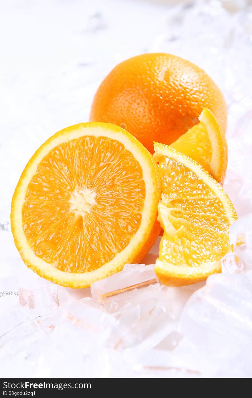 Close up of Fresh oranges in ice