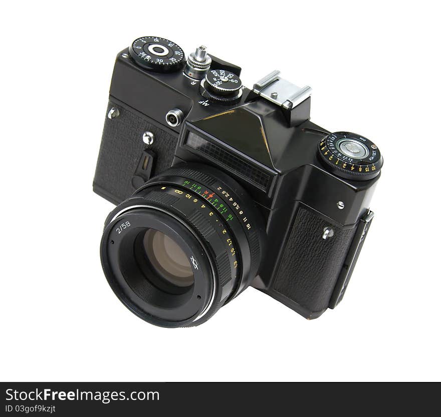 Old Analog SLR Camera On White Background.