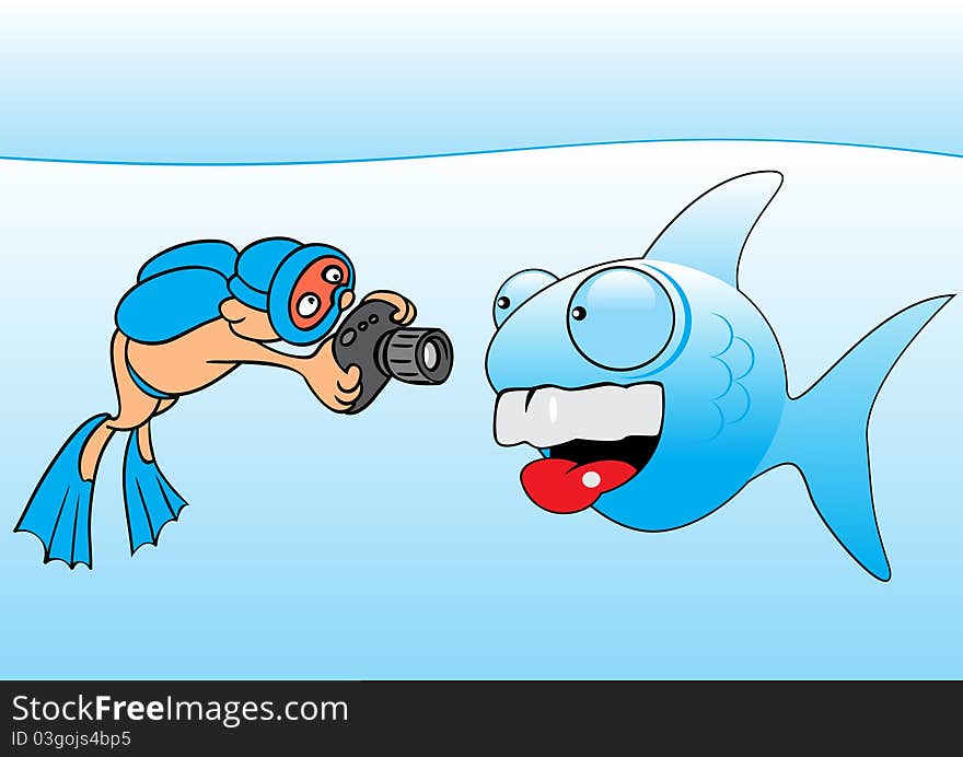 Сartoon underwater photographer photographing fish