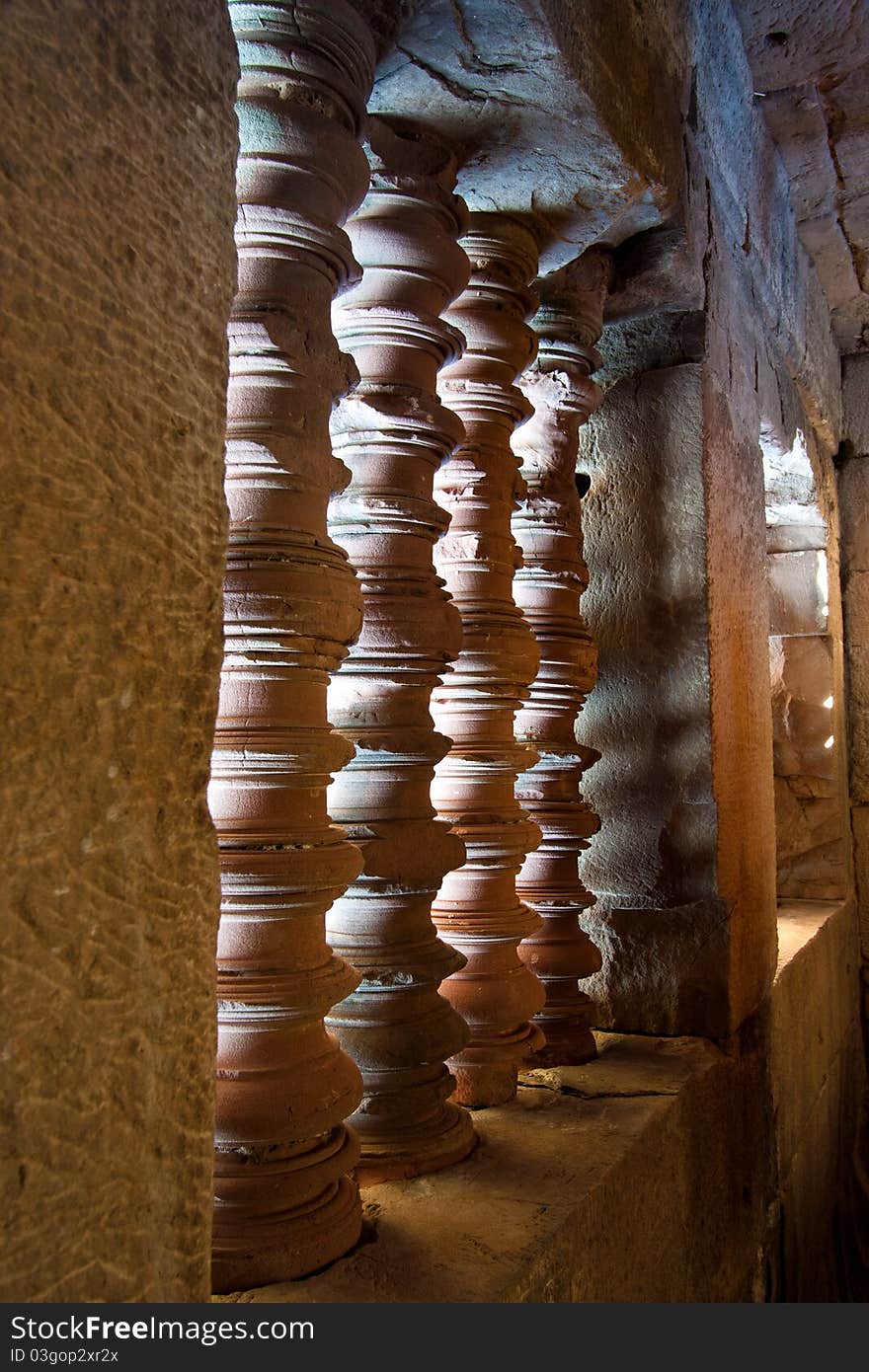 Antique pillar at a window from Phra-Nom-Wan stone castle in Thailand