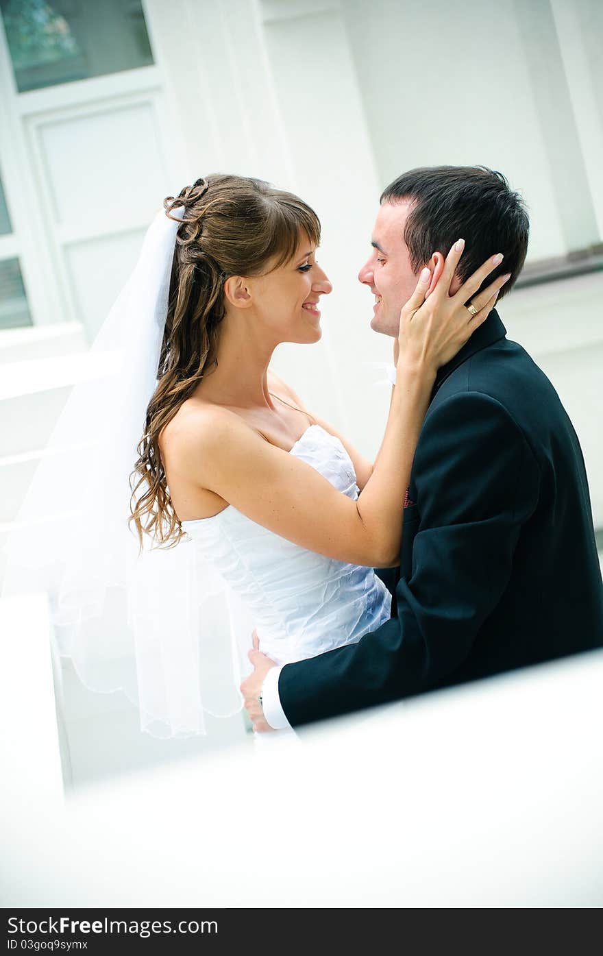 Groom and bride embrace. look against each other