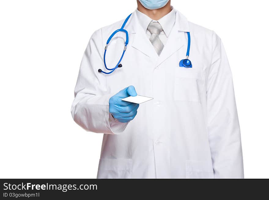 Medical doctor in blue gloves and mask with stethoscopea give blank business card. Isolated over white background. Medical doctor in blue gloves and mask with stethoscopea give blank business card. Isolated over white background.