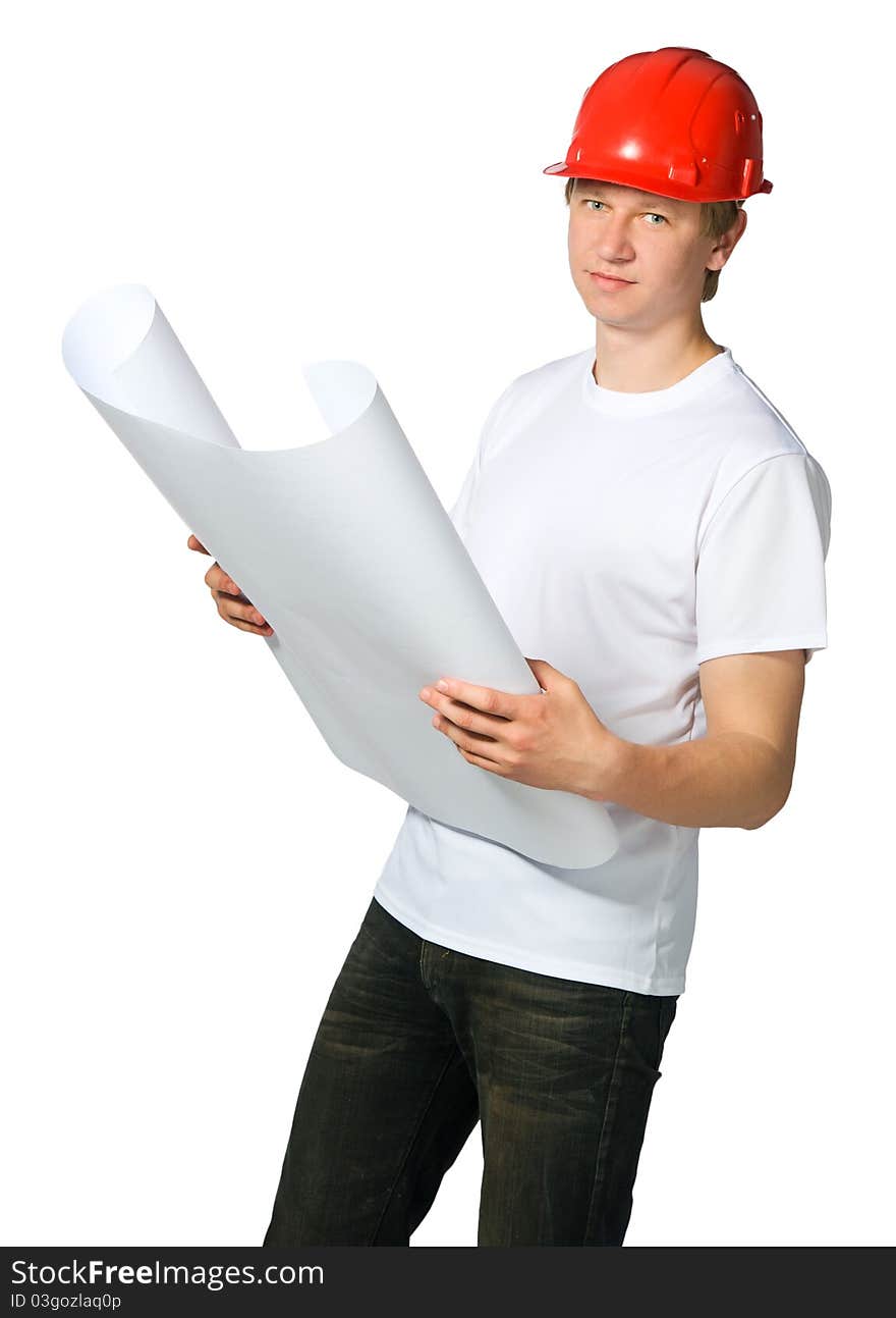 Portrait of a builder on a white background