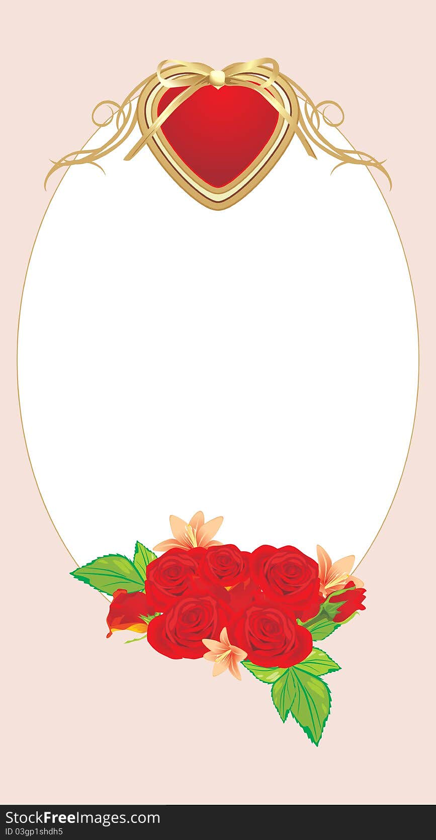 Red roses with heart in the decorative frame. Illustration