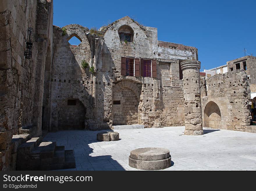 Ruins of church of the virgin of the burgh in rhodes greece
