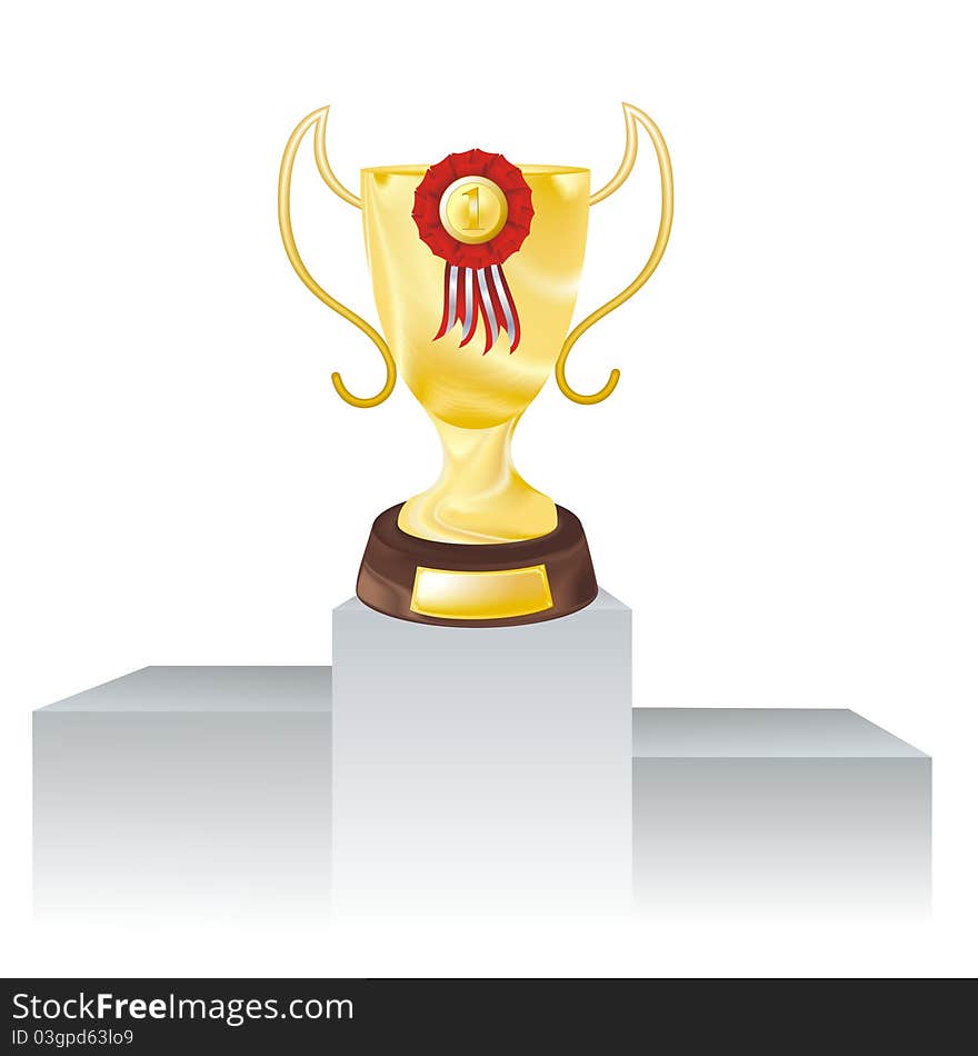 Winner golden cup with red rosette, isolaled on white