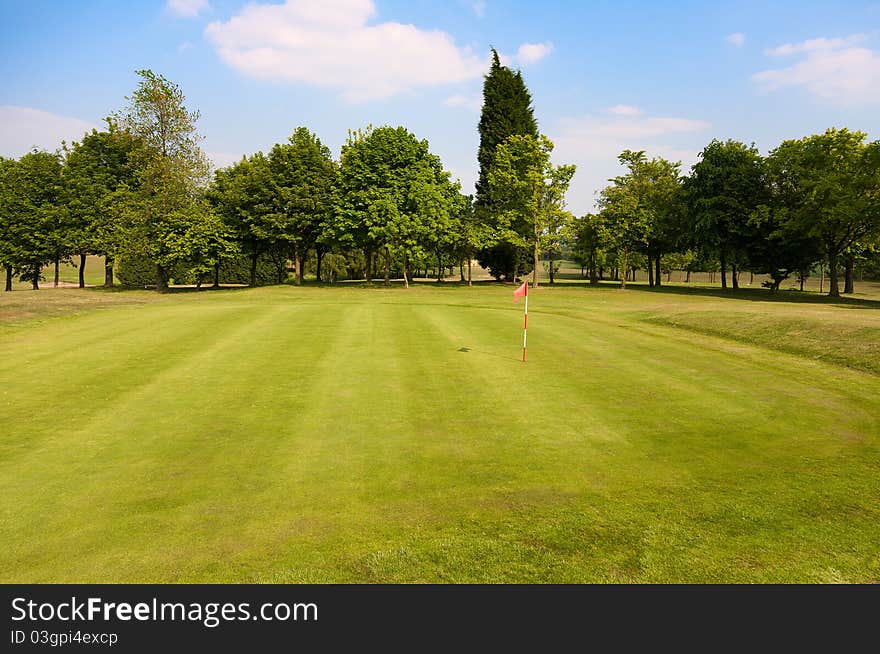 Golf course and green with waving flag