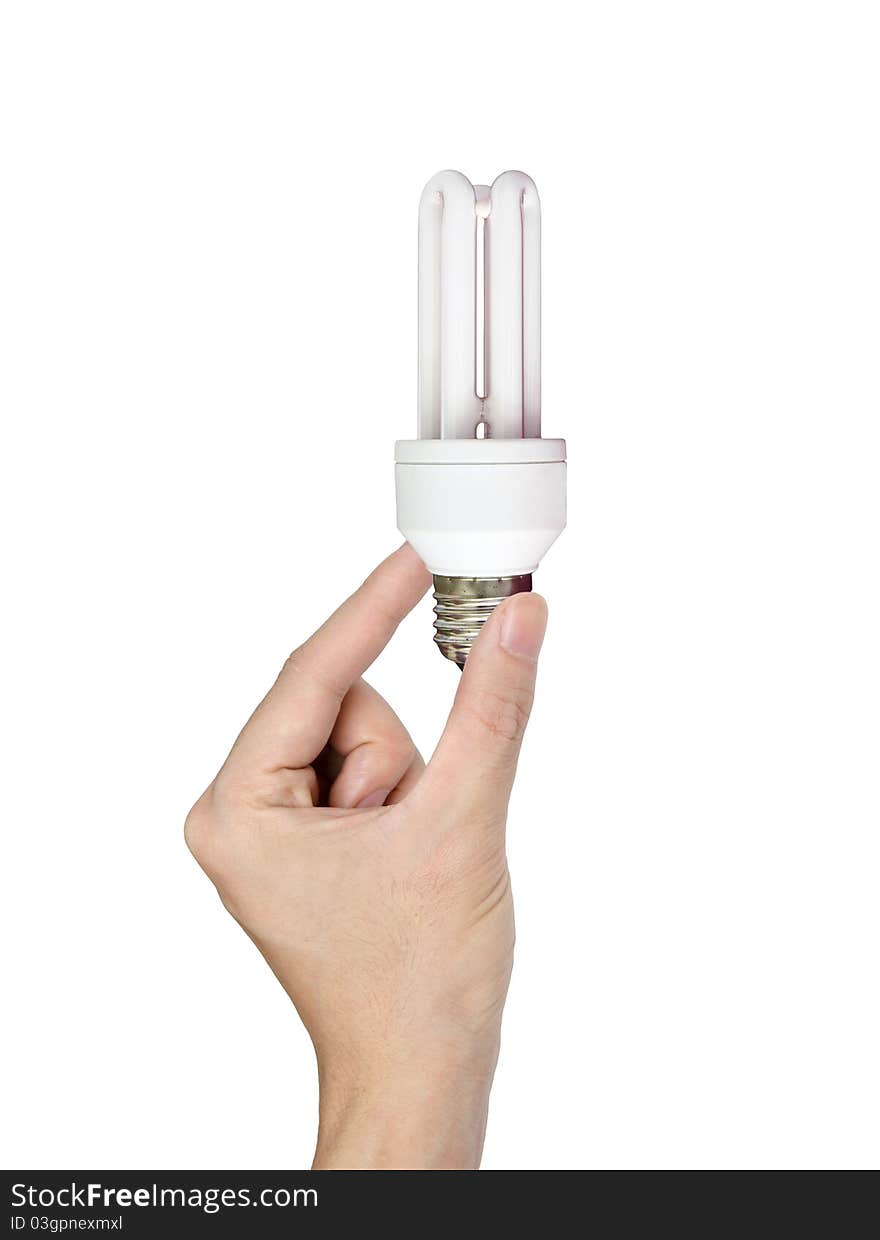 Hand holding light bulb isolated on white