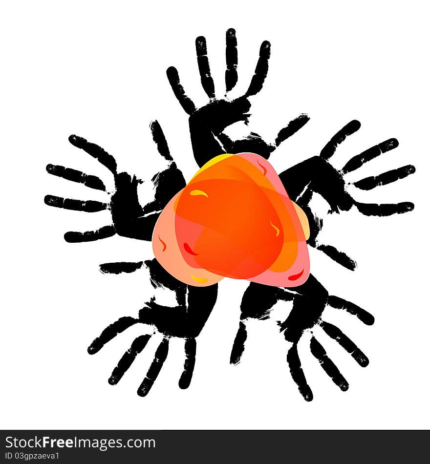 Red bubble against from five hands. Vector illustration. Red bubble against from five hands. Vector illustration