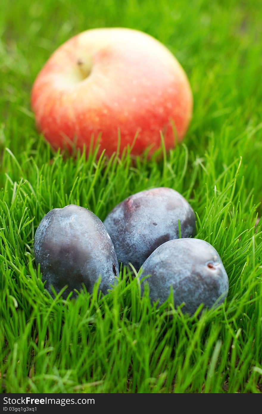 Three plums and apple