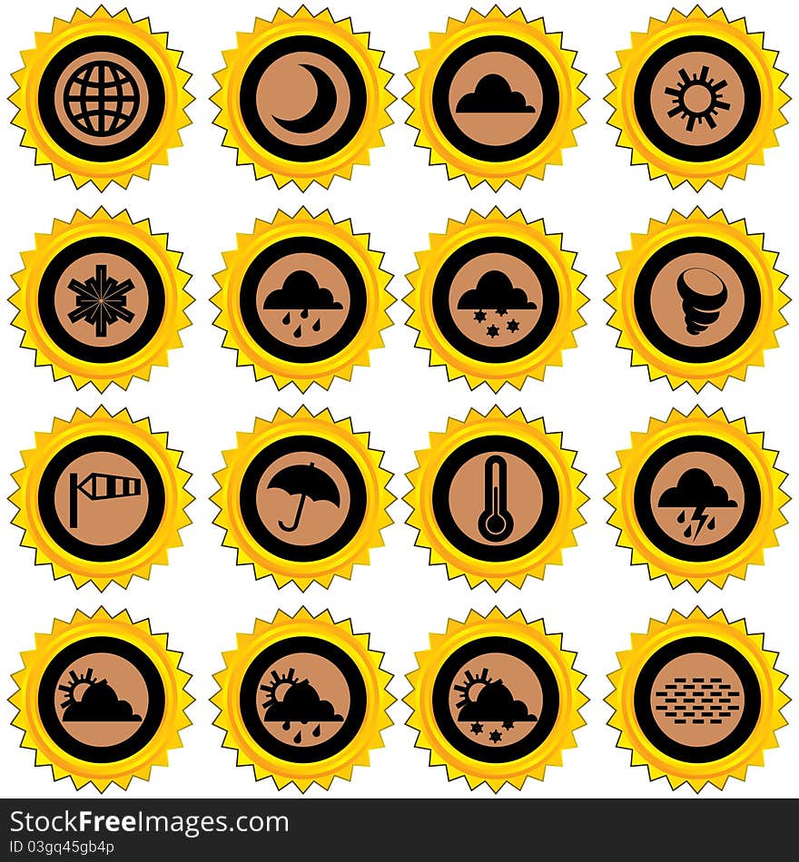 Set of 16 weather related icons. Set of 16 weather related icons