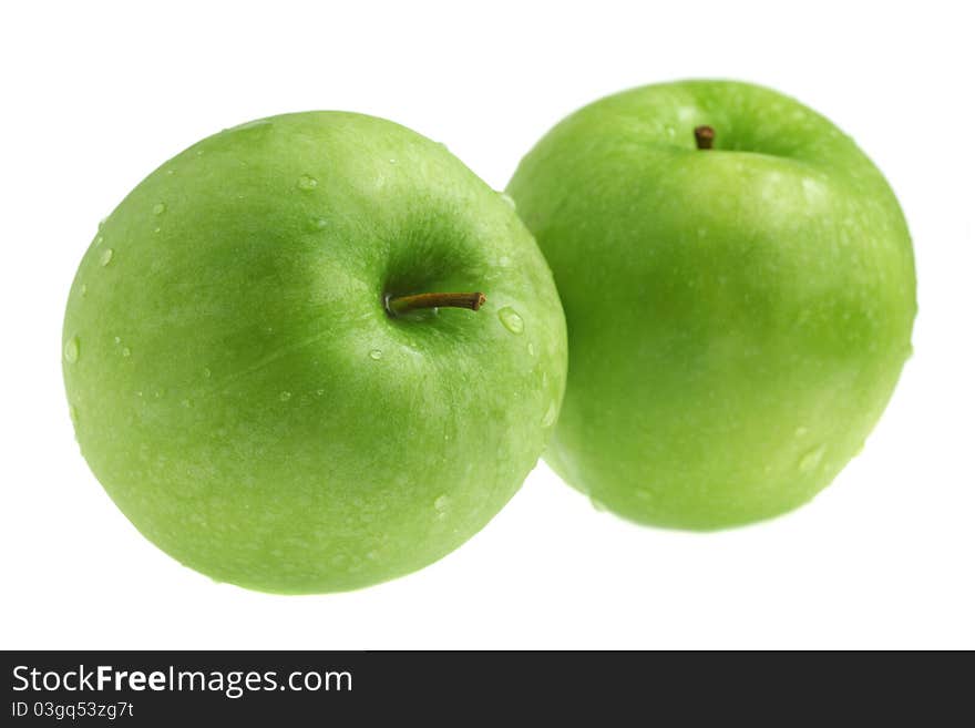 Two green apples isolated on white background.