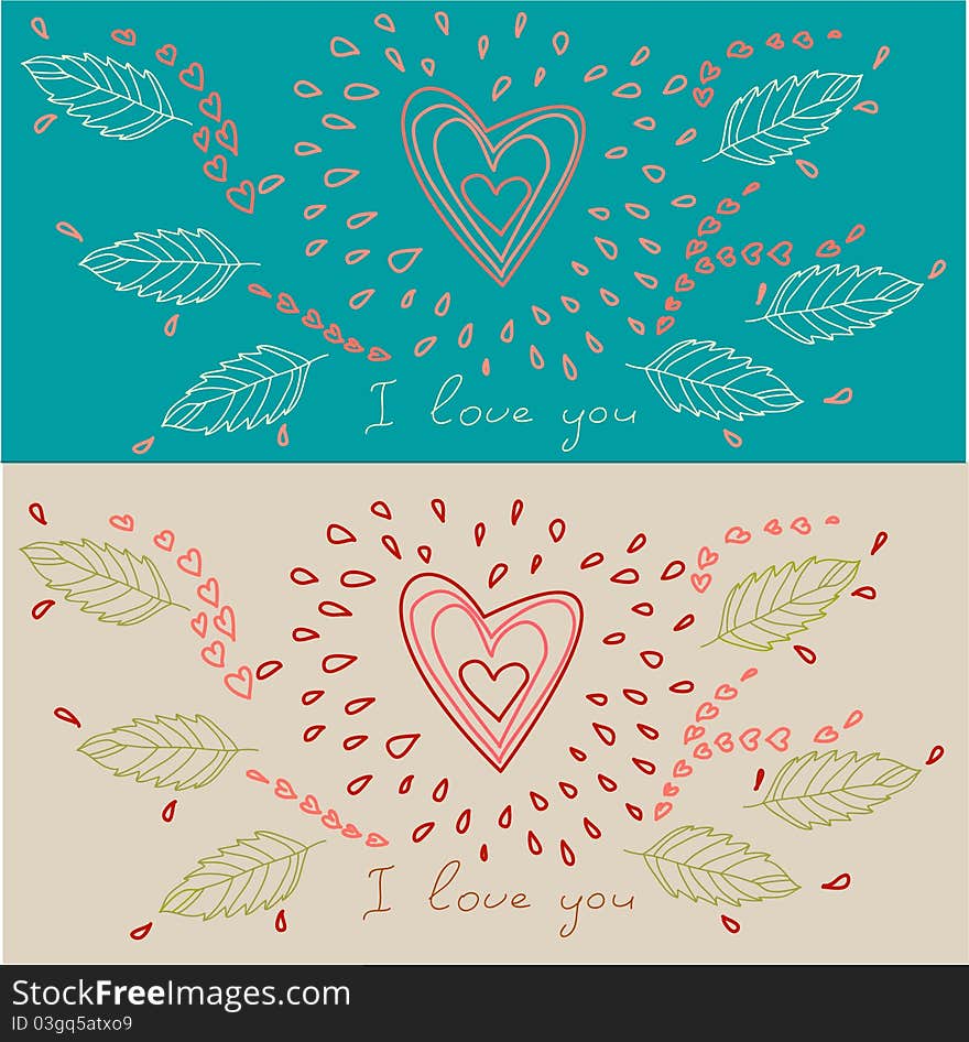 Two cute cartoon cards in other colours with heart, leafes and text. Two cute cartoon cards in other colours with heart, leafes and text