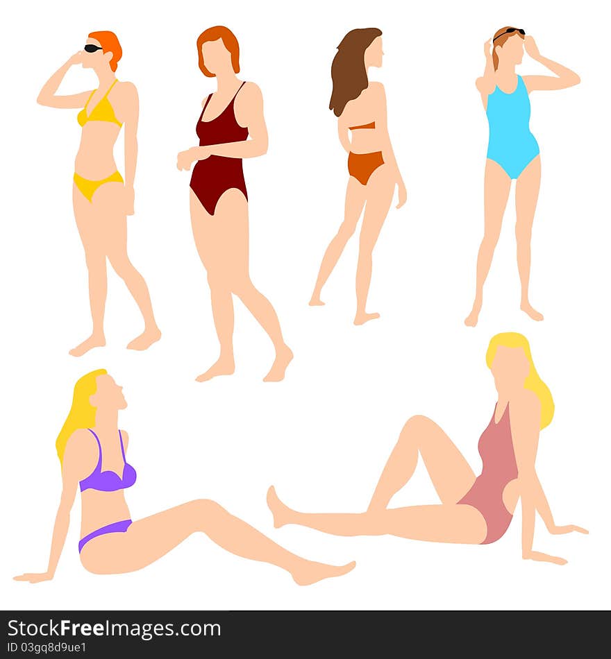 Illustrations set of women in swim suits and bikinis. Illustrations set of women in swim suits and bikinis